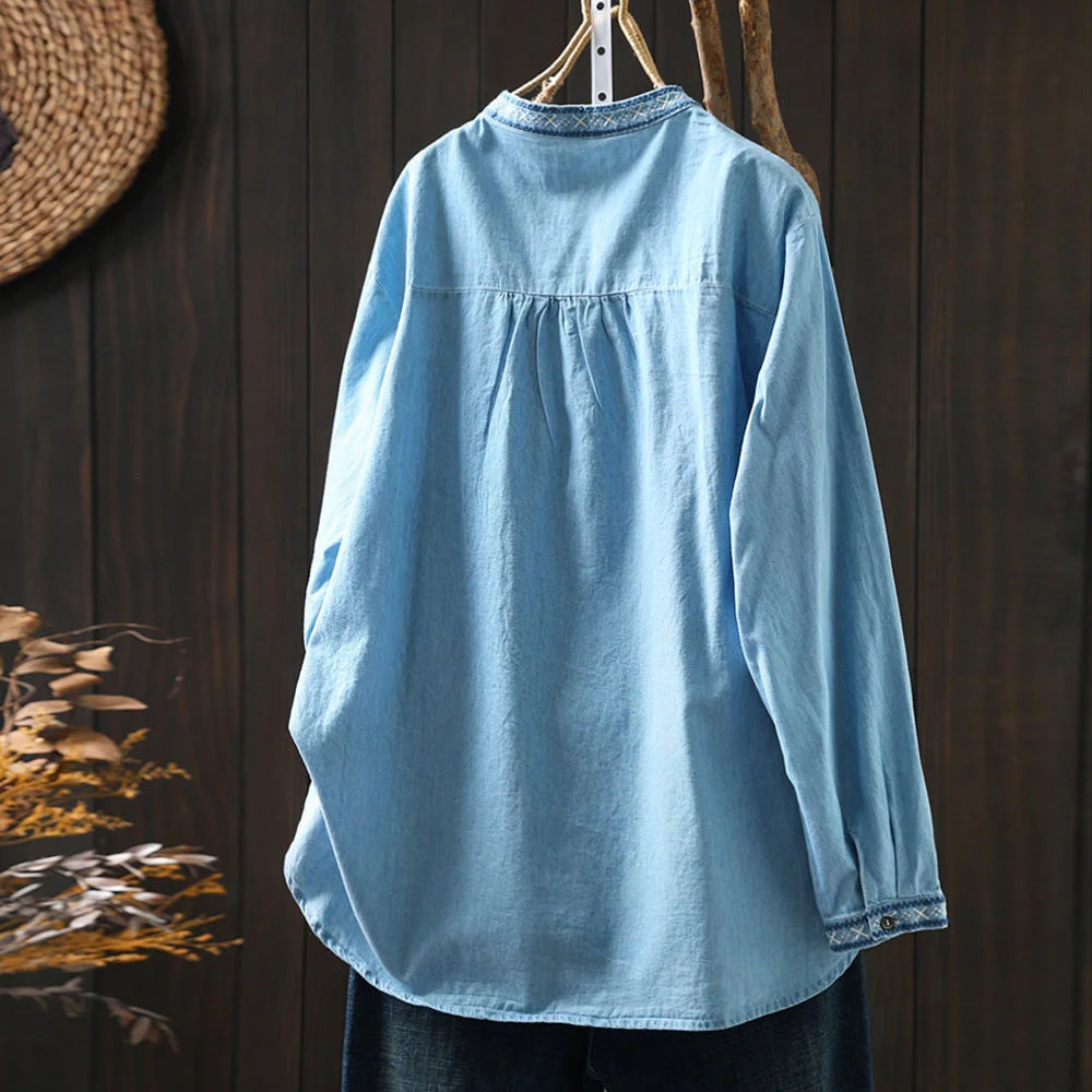 Summer Elegant Ethnic Embroidery Denim Blouse, Long Sleeve, Y2K Vintage Top.