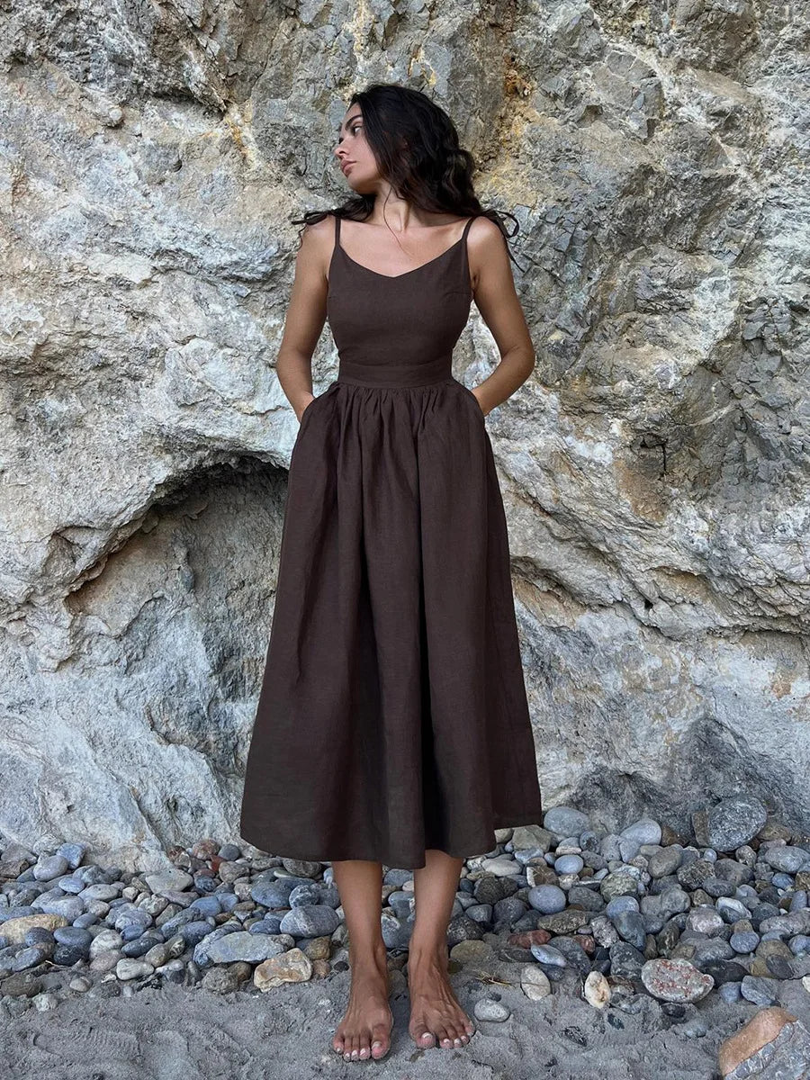 Backless Pleated Halter Dress – Summer Casual Beach Vacation