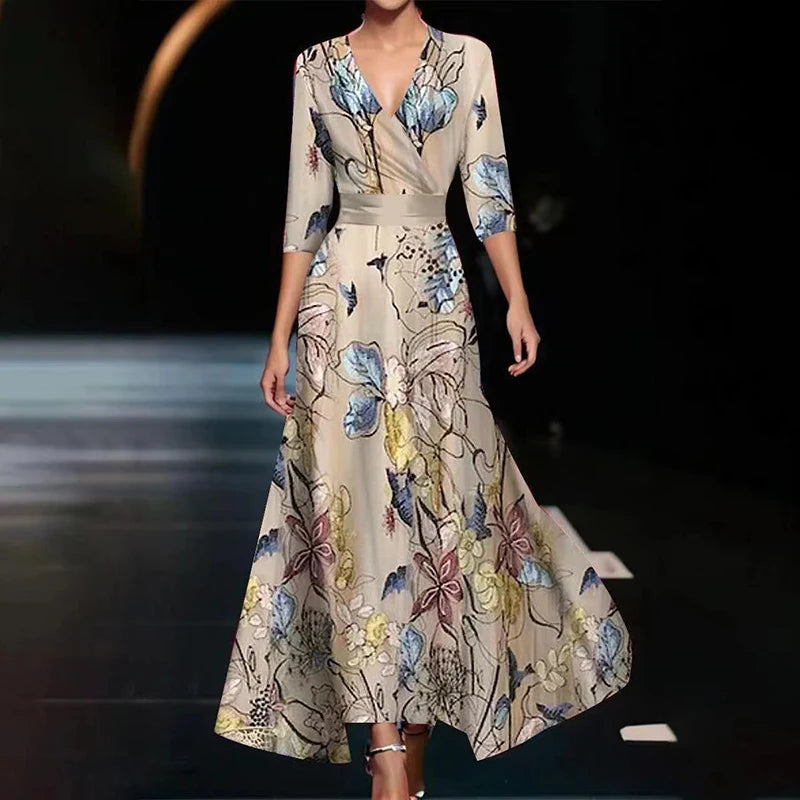 Elegant V-Neck A-Line Dress – 3/4 Sleeve, Floral Print Party Dress