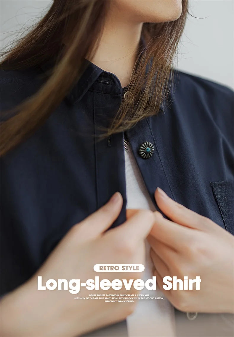 Maden Denim Patchwork Shirt, Women's Long Sleeve Casual Jacket, Navy Blue.