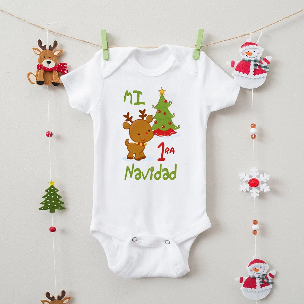 My First Christmas" Spanish Bodysuit: Newborn Short Sleeve Romper for Xmas Party