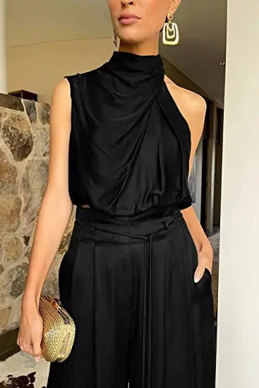 Women's 2-Piece Silk Set – Sleeveless Top & Wide Leg Pants, Summer