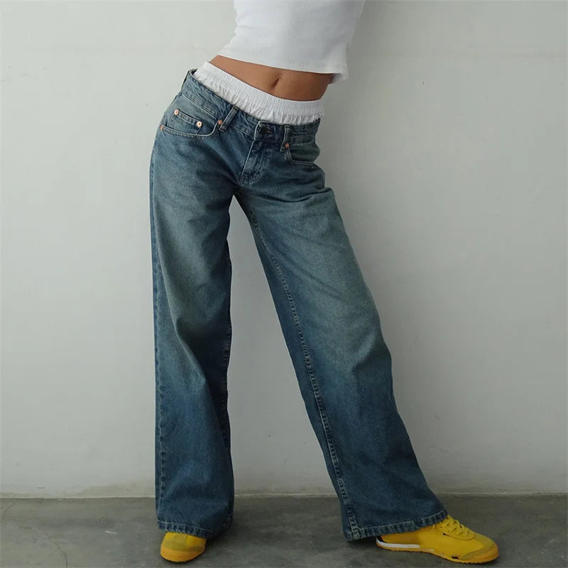 Lamuusaa Y2K Jeans for Women – Low-Waist, Wide-Leg Denim with Multi Pockets.