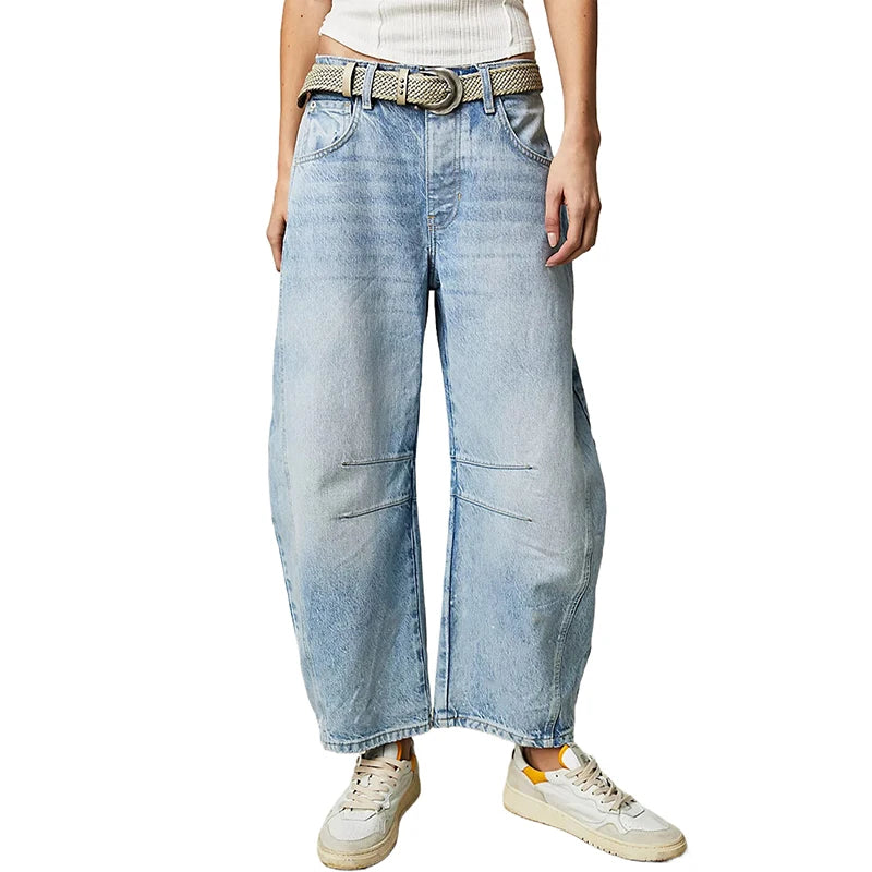 Y2K Wide-Leg Jeans for Women – Loose, Low-Waist, Cropped Denim with Pockets.