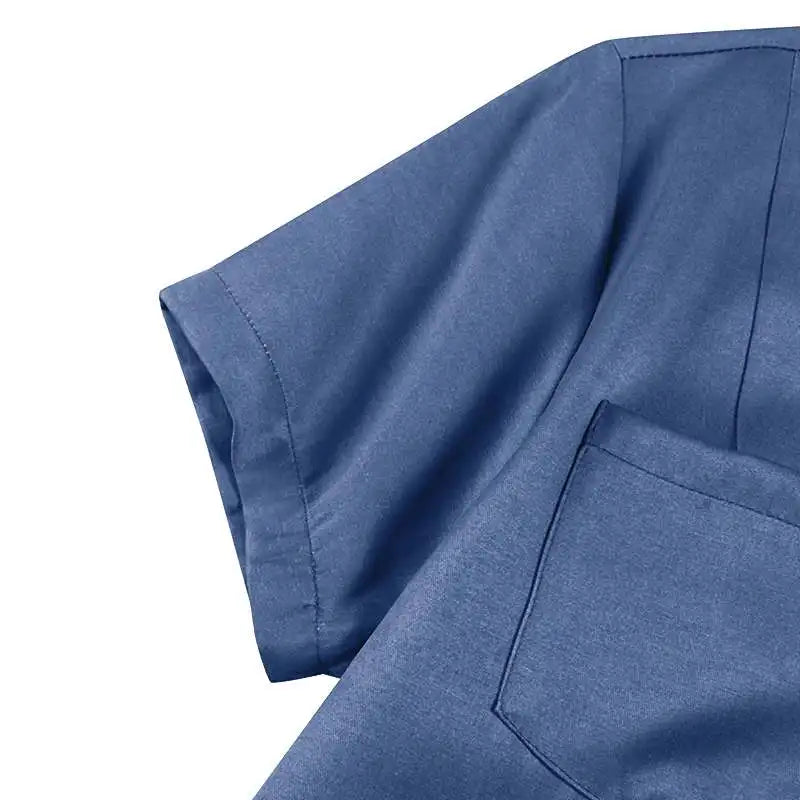 Women’s Lapel Pocket Denim Dress, Short Sleeve, Loose Single-Breasted Shirt Dress.