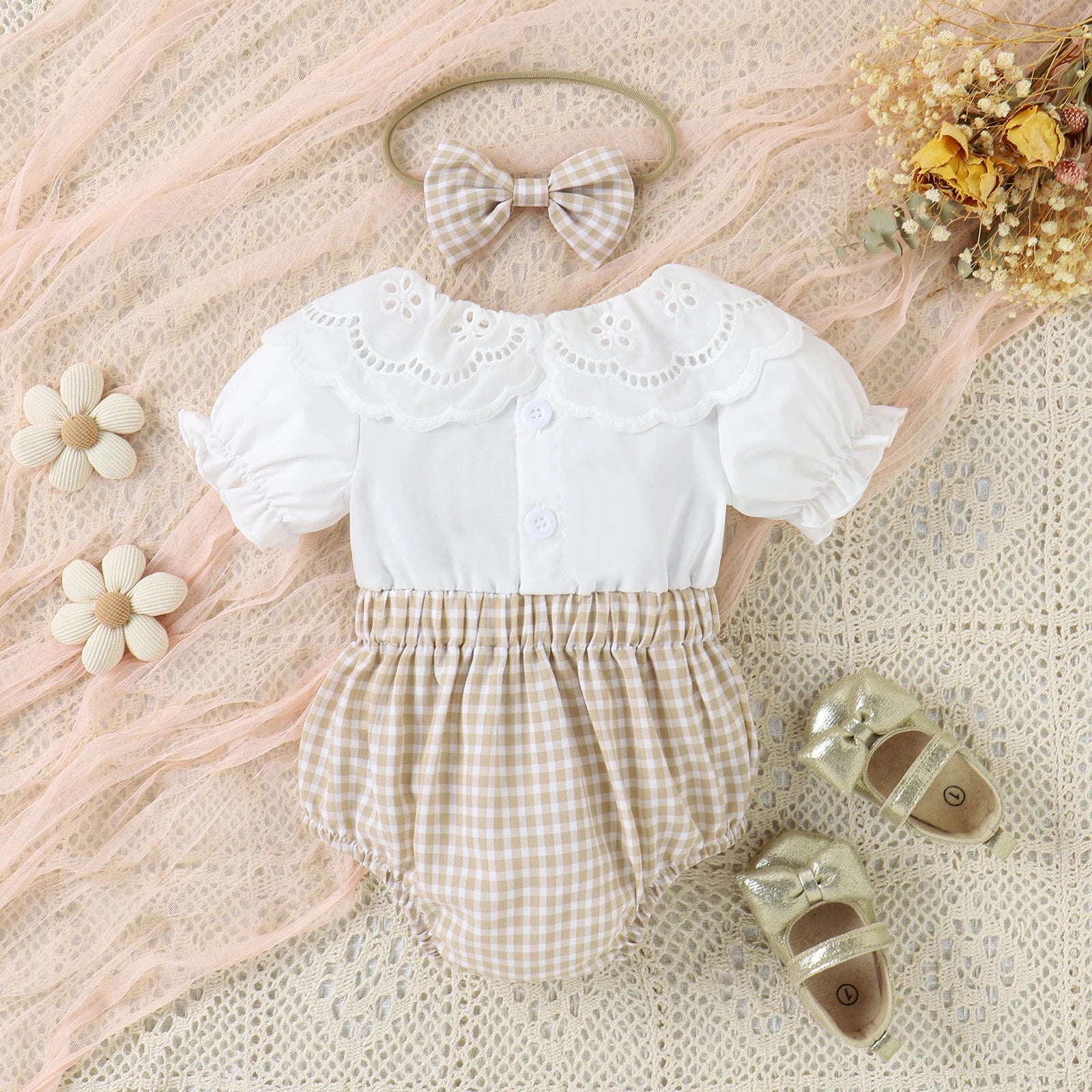 3PCS Summer Baby Girl Set: Doll Collar Top, Plaid Shorts & Headwear (0-2 Years)
