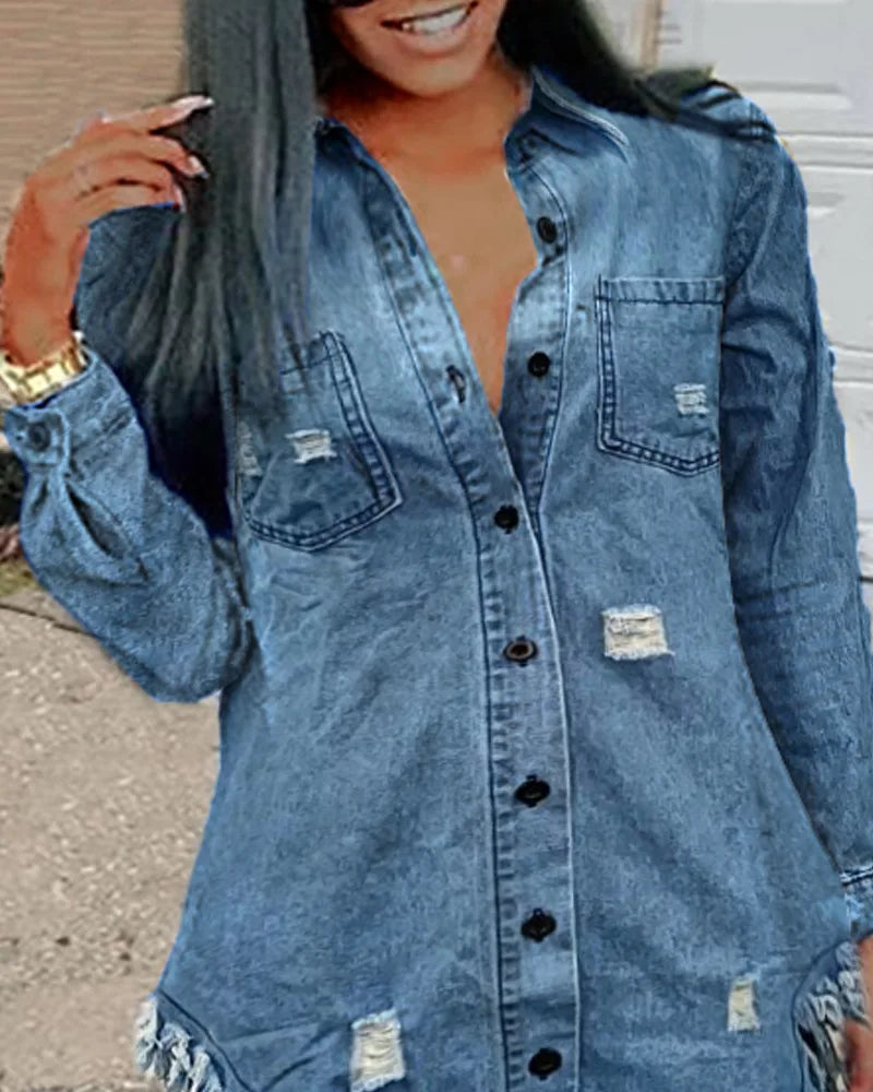 Ripped Asymmetrical Denim Top, Women's Button Dress with Pockets.