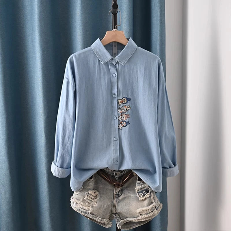 Harajuku Y2K Denim Shirt, Women's Spring Top, Floral Embroidery, Long Sleeve.