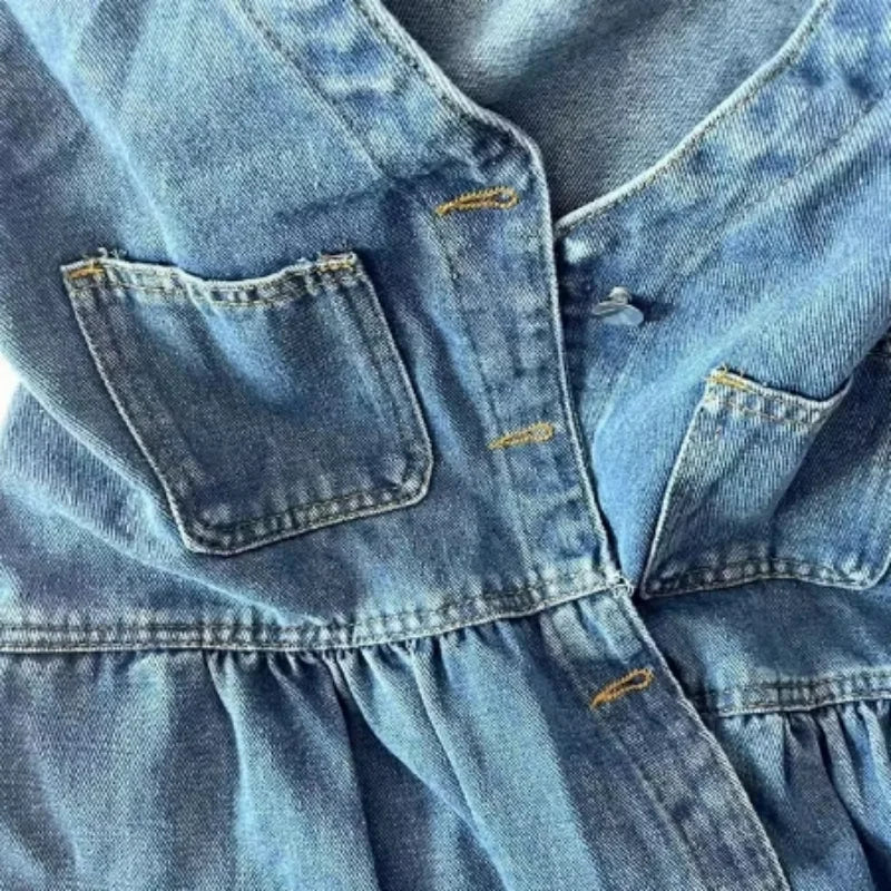Women's Sleeveless Denim Mini Dress – Button-Up, Pockets, Korean A-Line Style