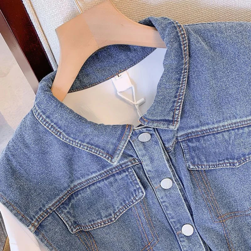 Women’s Denim Shirt, Long Sleeve, Splicing Fake Two-Piece Loose Blouse.