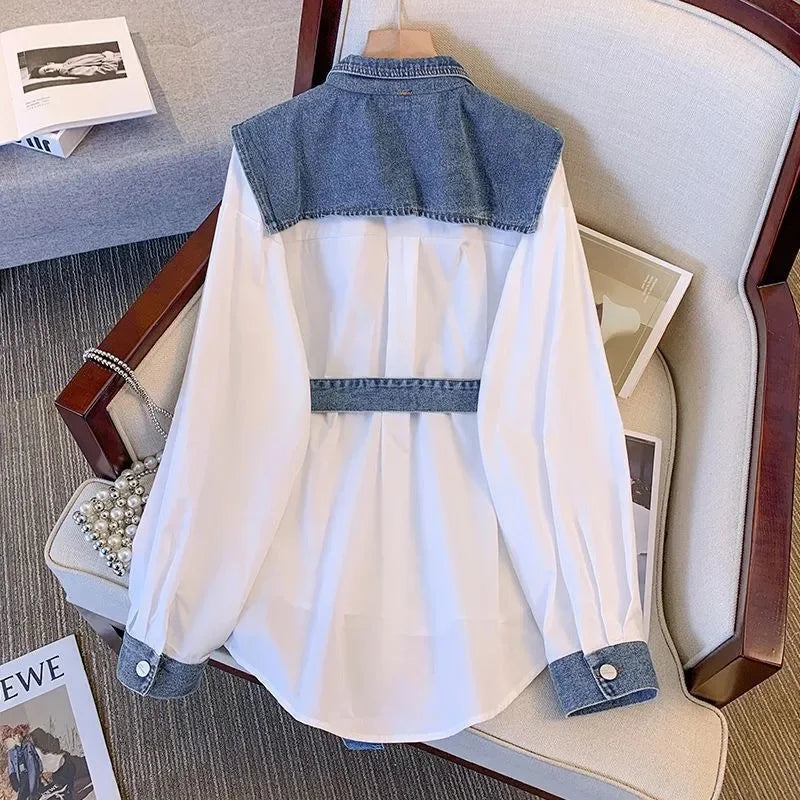 Women’s Denim Shirt, Long Sleeve, Splicing Fake Two-Piece Loose Blouse.