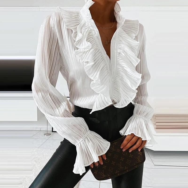 Denim Ruffled Long Sleeve Shirt, V-Neck Pleated Chiffon Blouse, Sexy Spring Office Top.