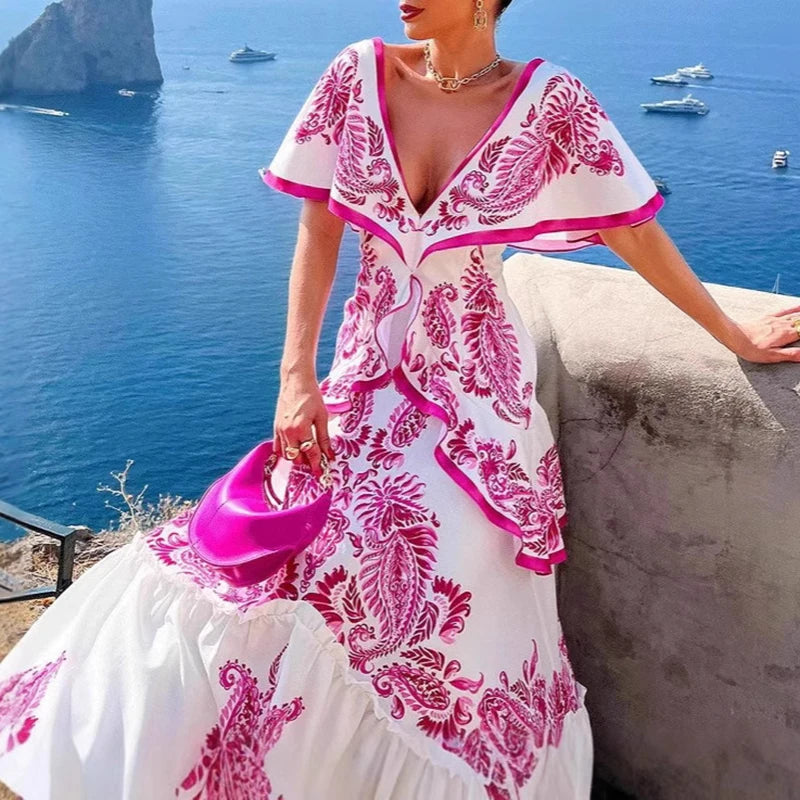 Women’s Casual Pleated Long Dress – V-Neck, Ruffle Bohemian Print Party Dress