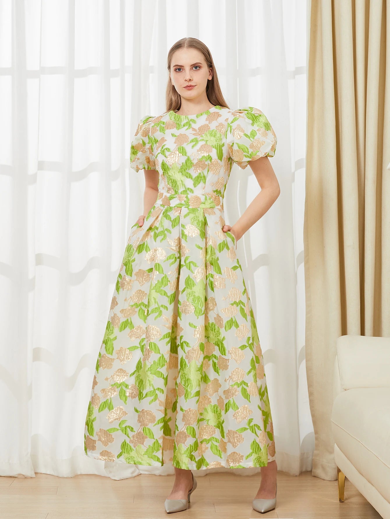 Luxury Women’s Puff Sleeve Embroidered Jacquard Party Dress – Elegant Prom Gown