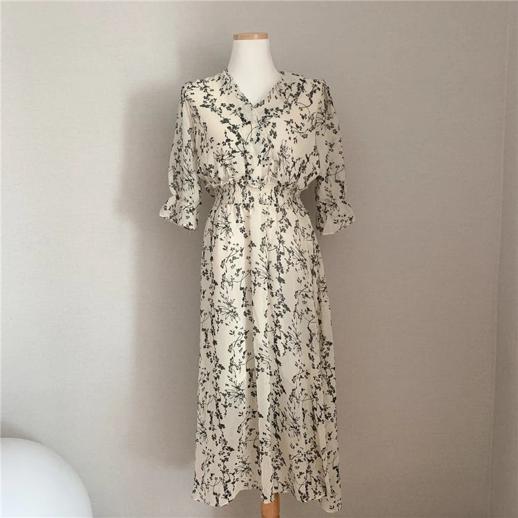 Vintage Korean Summer A-Line Dress – Slim Fit, V-Neck Floral Chiffon, Office Chic