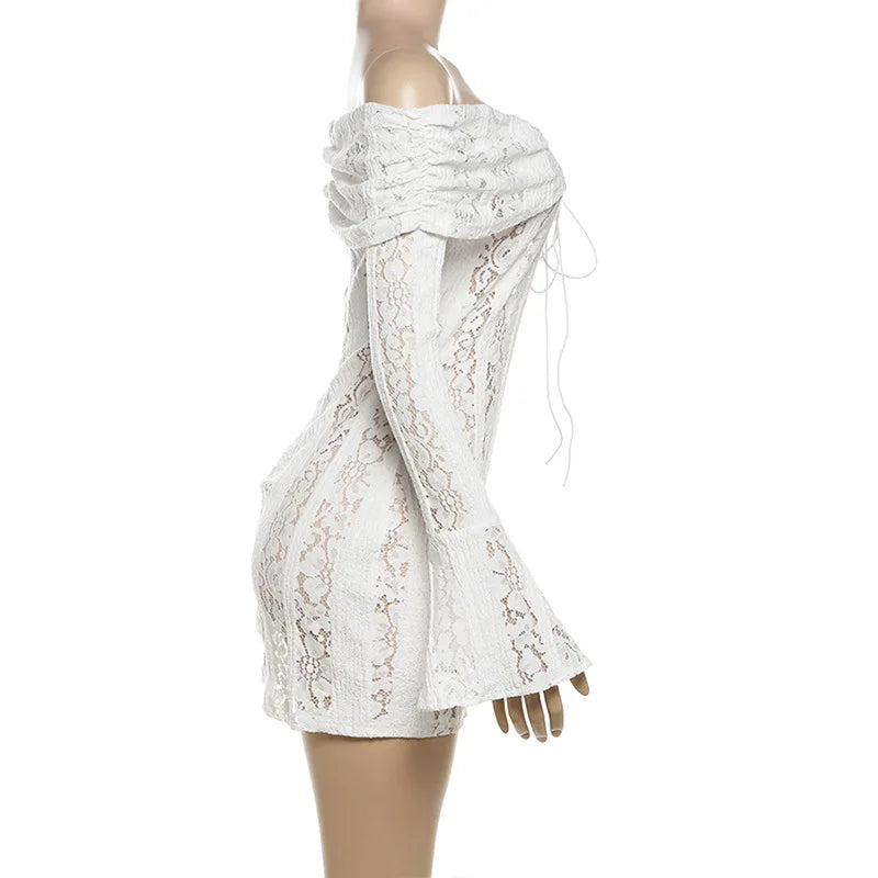 Sexy Hollow-Out Slash Neck Lace Dress – Flared Sleeves, Slim Fit Evening Party Dress