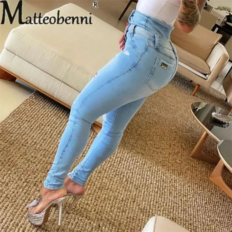 Autumn Women’s High-Waist Ripped Jeans – Button Splicing, Slim Fit, Skinny Denim.