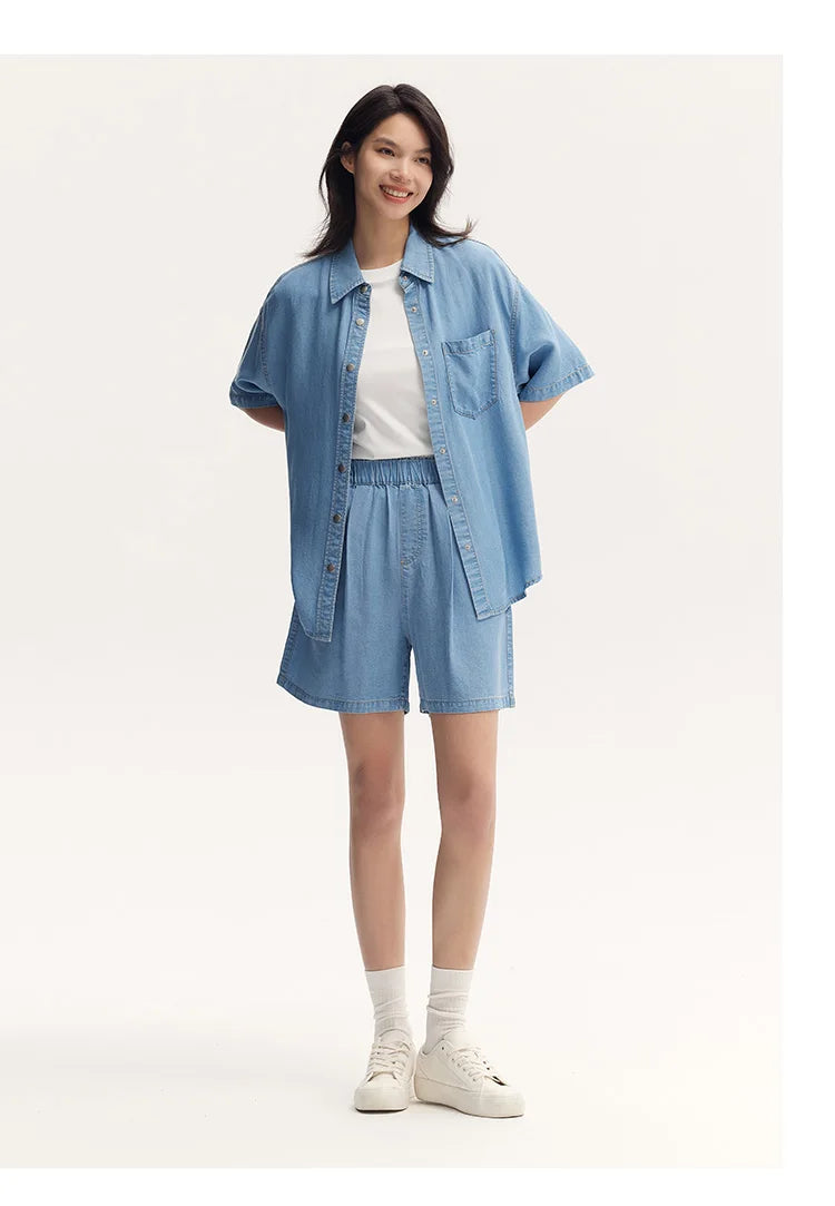 SemirSummer Denim Shirt, Women's Loose-Fit, Short-Sleeved.