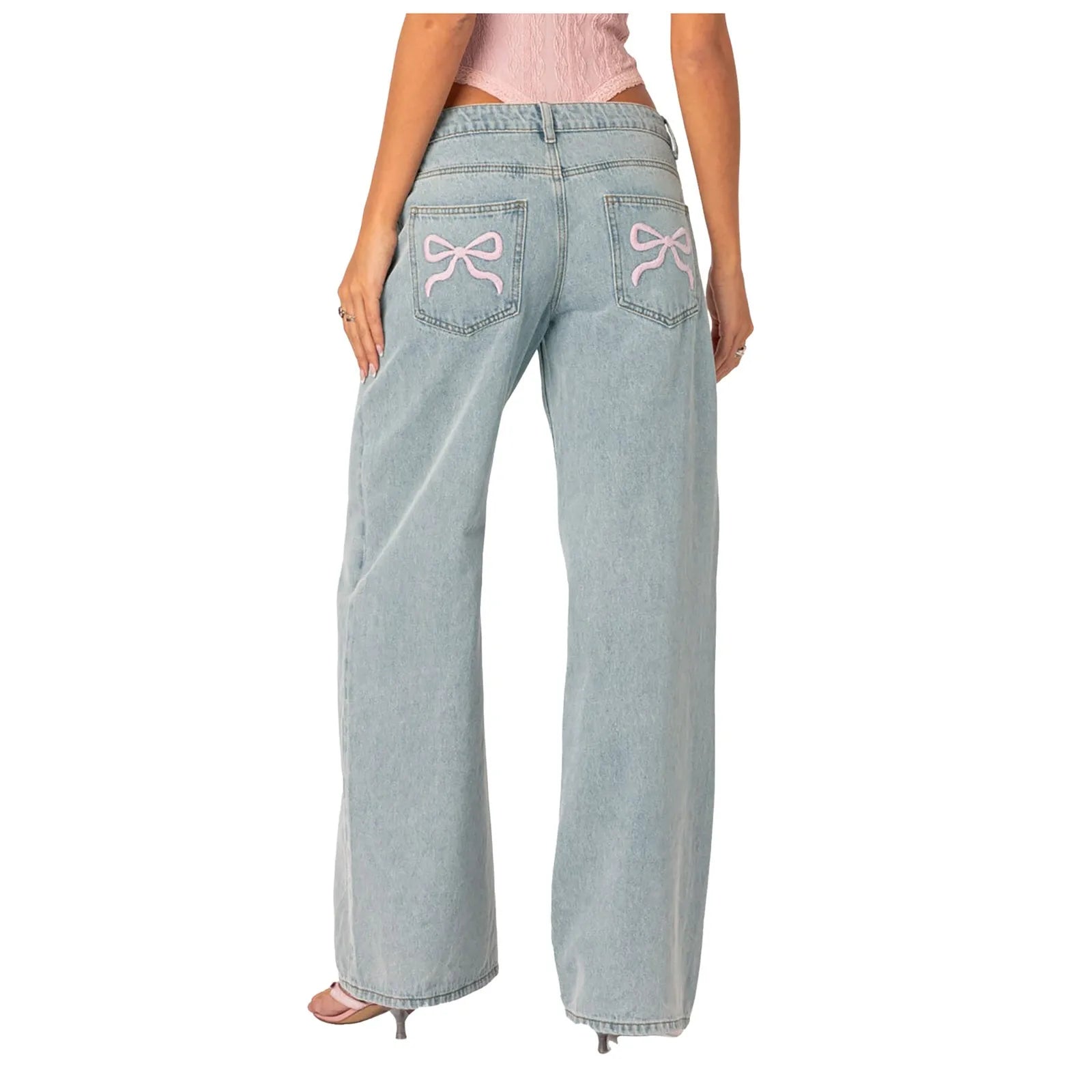 Tie-Bow Embroidery Jeans for Women – High-Waist, Baggy, Vintage Y2K Wide-Leg Denim.
