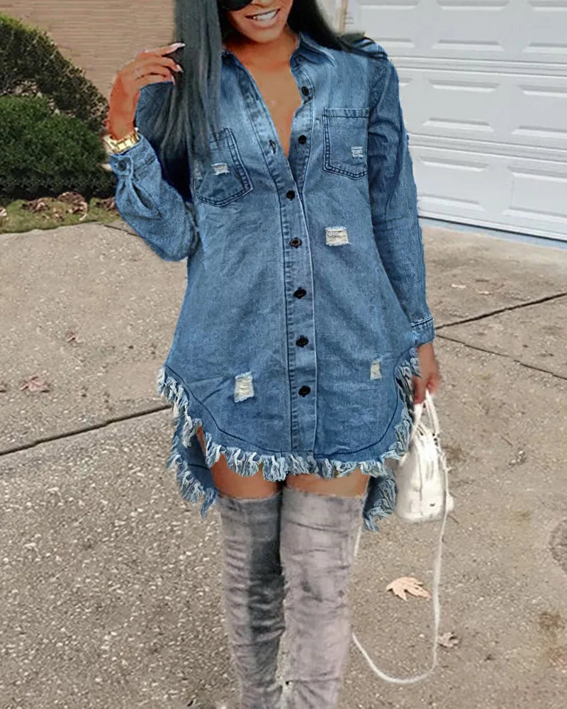 Ripped Asymmetrical Denim Top, Women's Button Dress with Pockets.