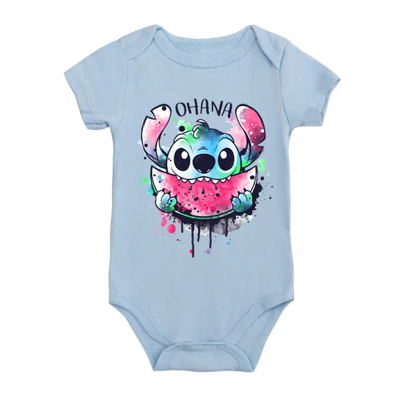 Kawaii Ohana Stitch Print Baby Romper: 100% Cotton Short Sleeve Bodysuit (0-24M)