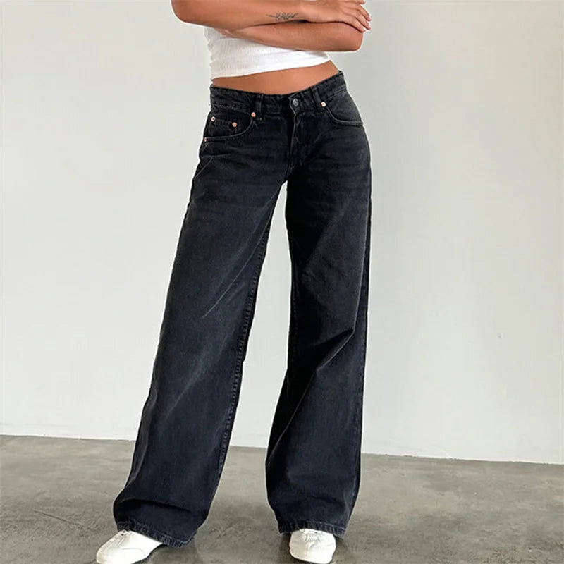 Lamuusaa Y2K Jeans for Women – Low-Waist, Wide-Leg Denim with Multi Pockets.