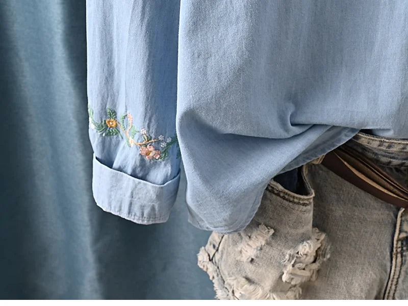 Harajuku Y2K Denim Shirt, Women's Spring Top, Floral Embroidery, Long Sleeve.