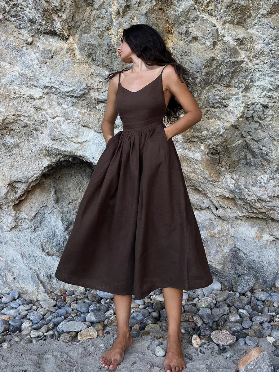 Backless Pleated Halter Dress – Summer Casual Beach Vacation