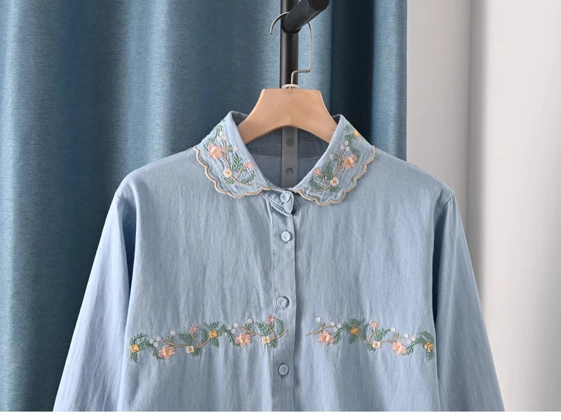 Harajuku Y2K Denim Shirt, Women's Spring Top, Floral Embroidery, Long Sleeve.