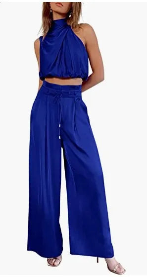 Women's 2-Piece Silk Set – Sleeveless Top & Wide Leg Pants, Summer