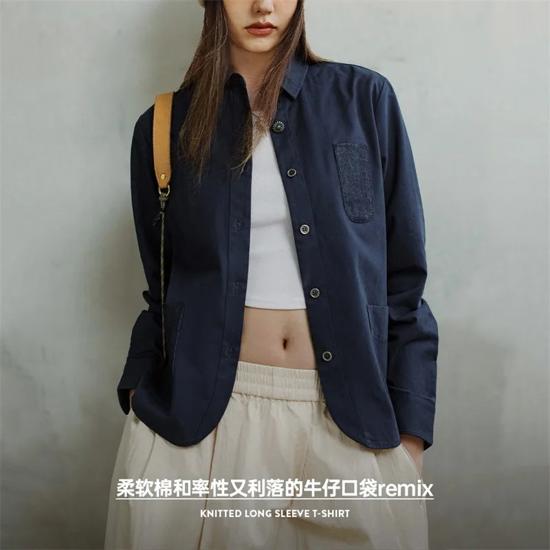 Maden Denim Patchwork Shirt, Women's Long Sleeve Casual Jacket, Navy Blue.