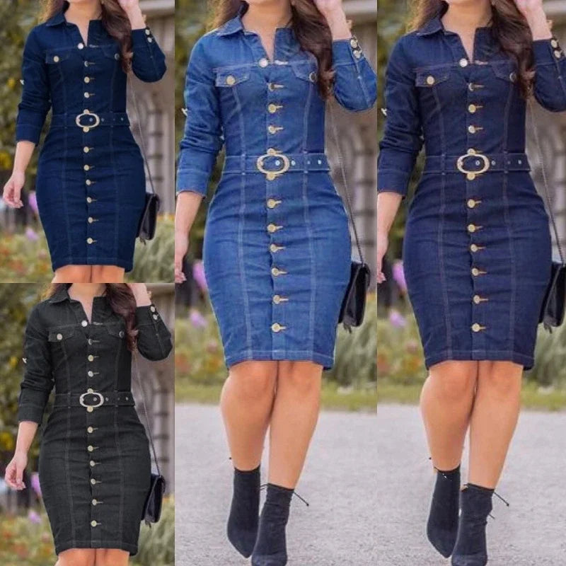 Denim Dress, Women's Lapel Slim Fit, High Waist, Long Sleeve, Single-Breasted.