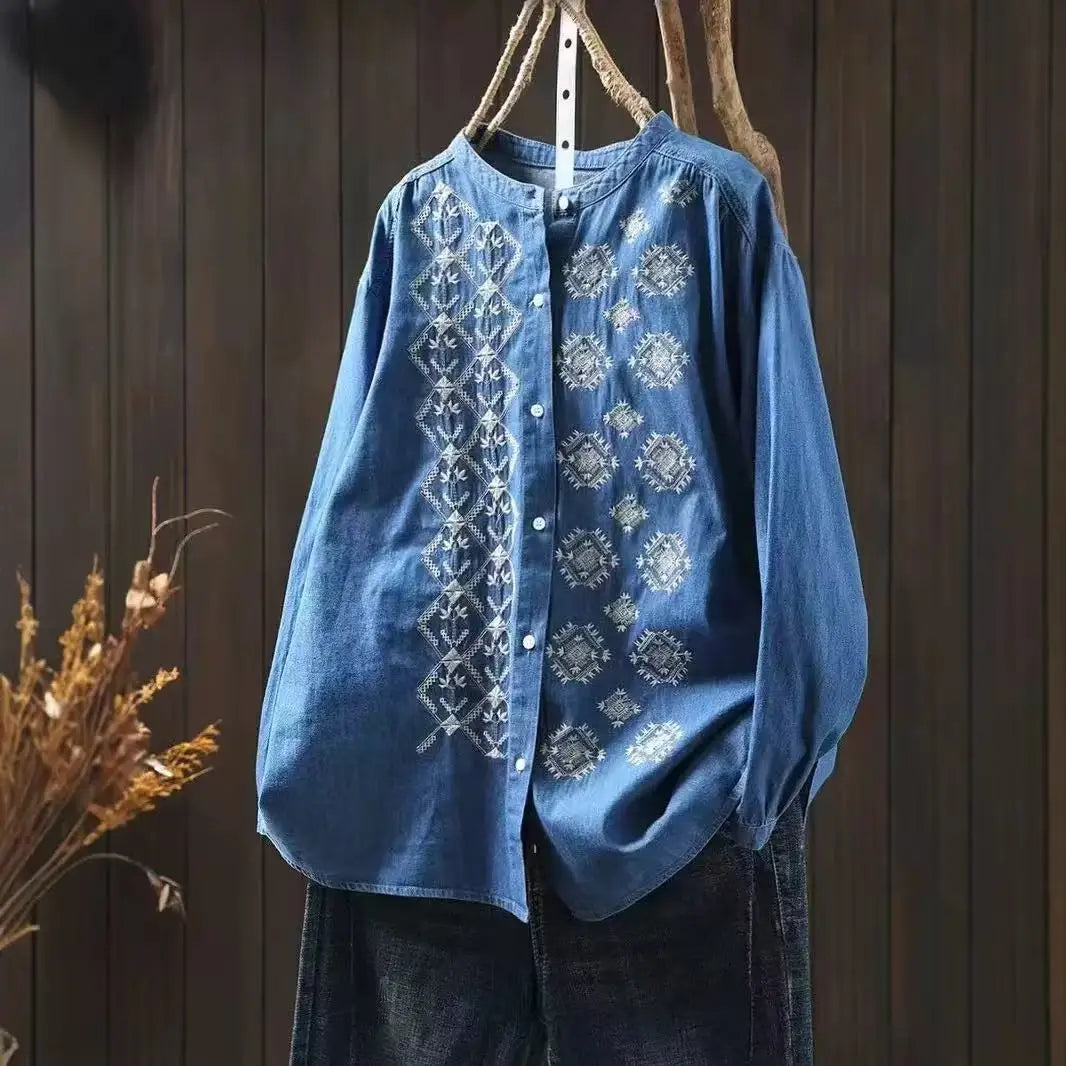 Summer Elegant Ethnic Embroidery Denim Blouse, Long Sleeve, Y2K Vintage Top.