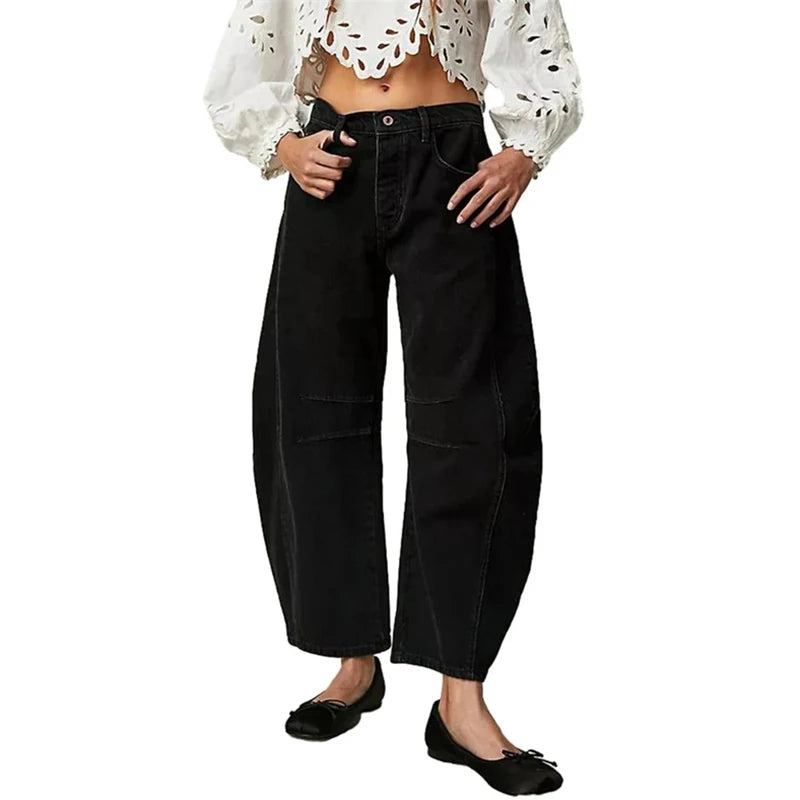 Y2K Wide-Leg Jeans for Women – Loose, Low-Waist, Cropped Denim with Pockets.