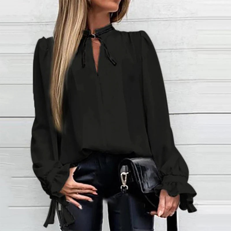 Denim Ruffled Long Sleeve Shirt, V-Neck Pleated Chiffon Blouse, Sexy Spring Office Top.