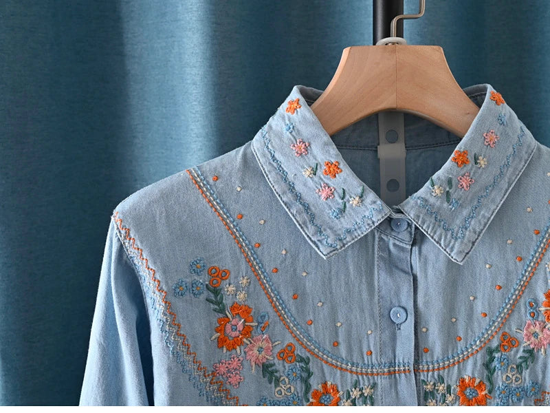 Harajuku Y2K Denim Shirt, Women's Spring Top, Floral Embroidery, Long Sleeve.