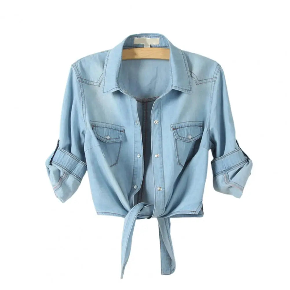 Tie Knot Denim Jacket, Cropped Length, Single-Breasted, Lace-Up Blue Jeans Cardigan.