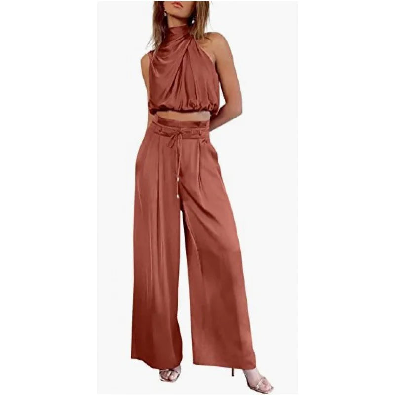 Women's 2-Piece Silk Set – Sleeveless Top & Wide Leg Pants, Summer