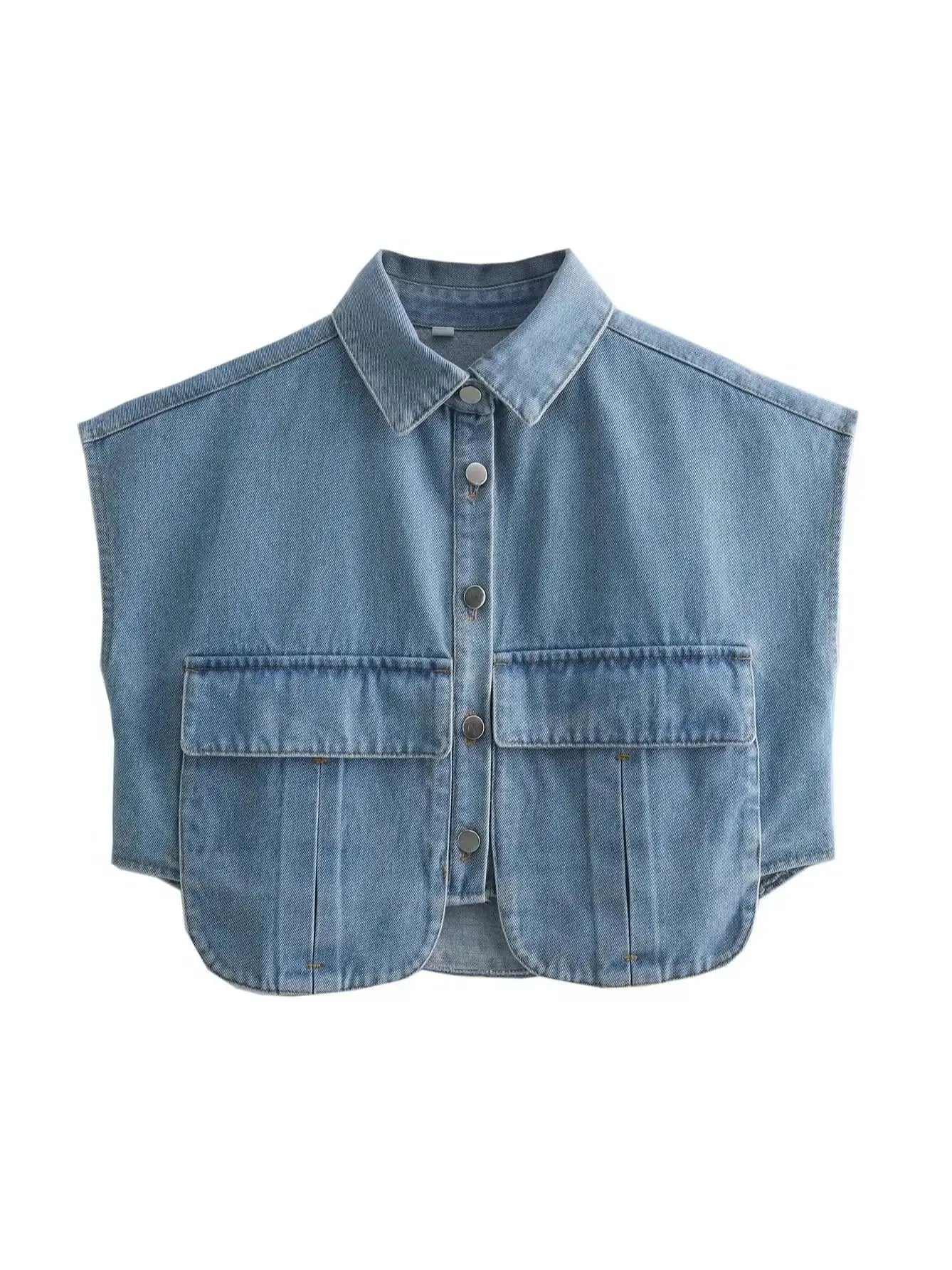 XNWMNZ 2024 Women's Cropped Denim Shirt, Sleeveless, Button-up.