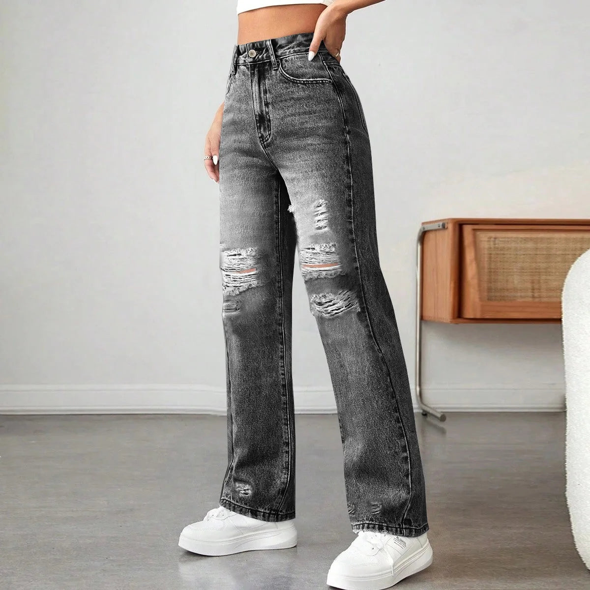 Women’s Wide-Leg Ripped Denim Pants – Loose & Comfortable All-Match.
