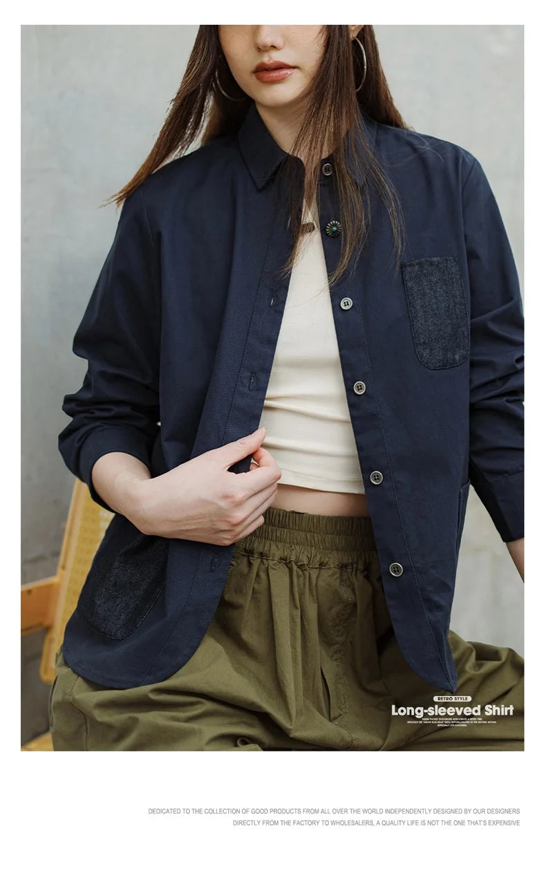 Maden Denim Patchwork Shirt, Women's Long Sleeve Casual Jacket, Navy Blue.
