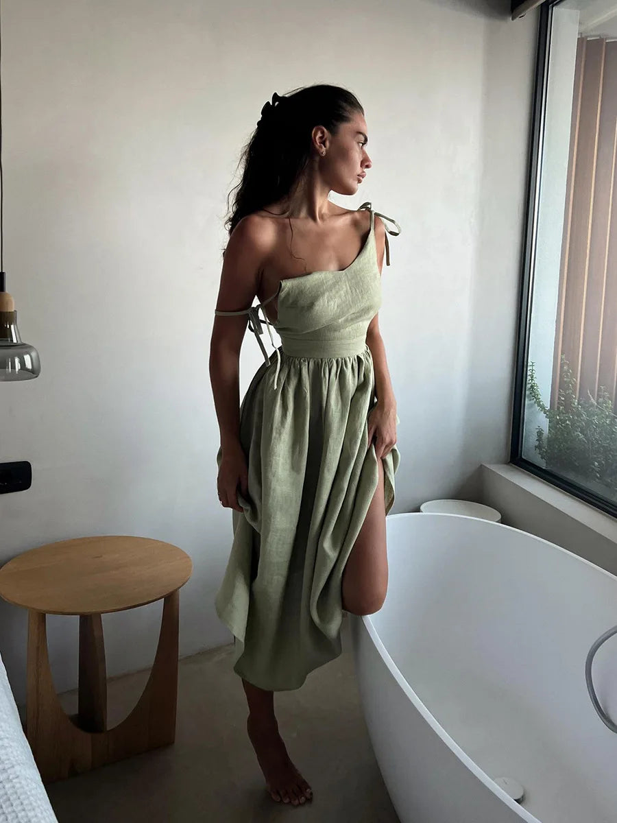 Backless Pleated Halter Dress – Summer Casual Beach Vacation