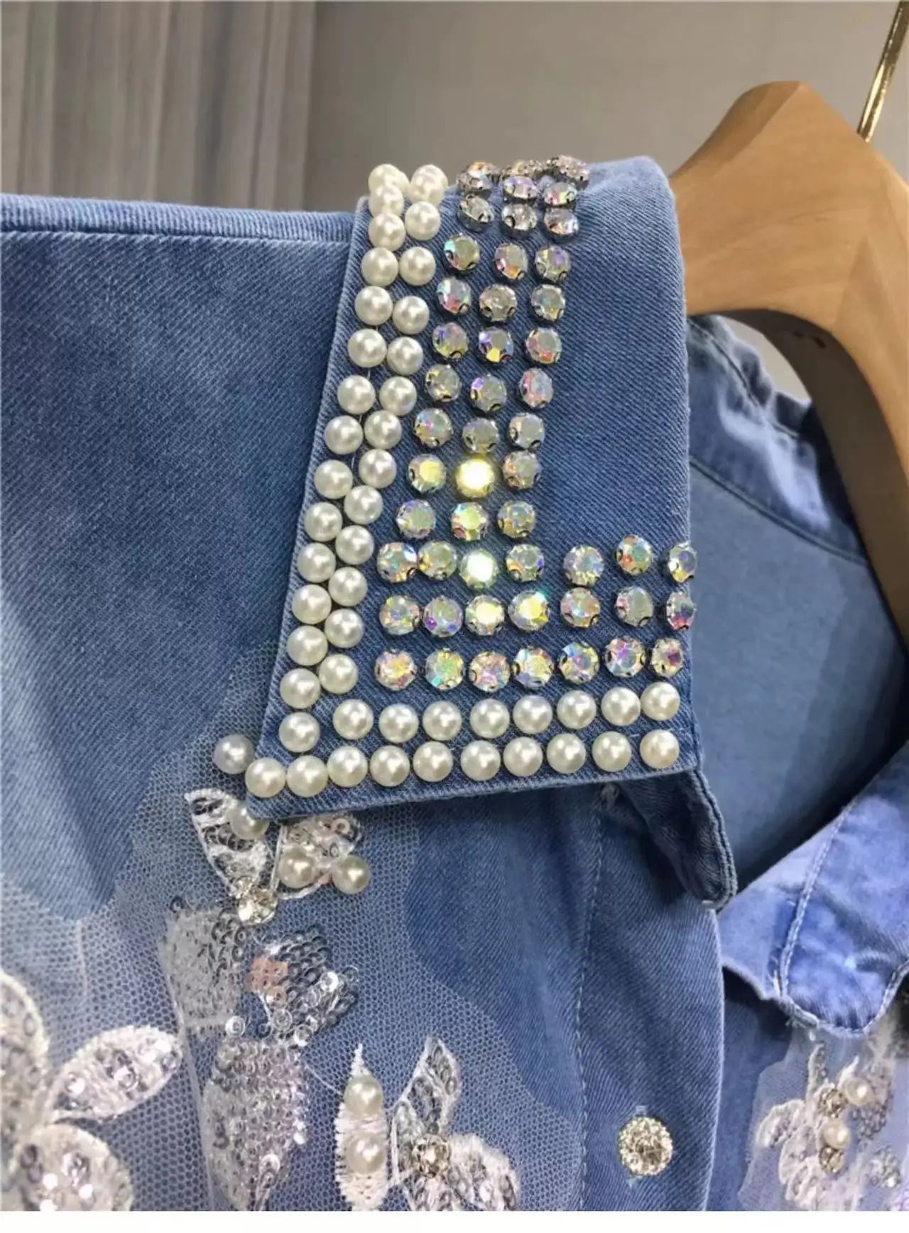 Luxury Beaded Denim Blouse, Women's Long Sleeve, Casual Top.