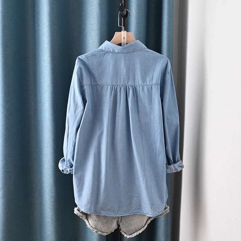 Harajuku Y2K Denim Shirt, Women's Spring Top, Floral Embroidery, Long Sleeve.