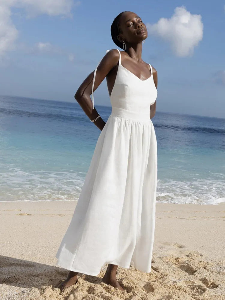 Backless Pleated Halter Dress – Summer Casual Beach Vacation