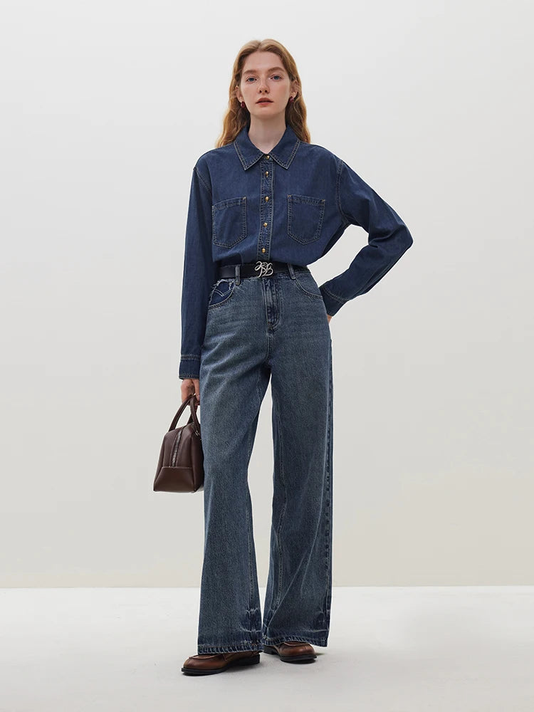 FSLE Deep Blue Denim Shirt, Women's Long Sleeve, Retro Casual Top.