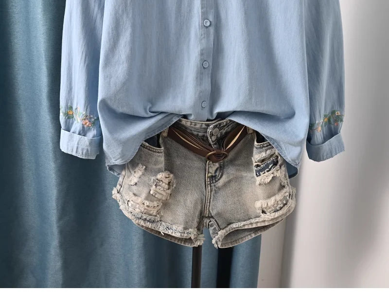 Harajuku Y2K Denim Shirt, Women's Spring Top, Floral Embroidery, Long Sleeve.