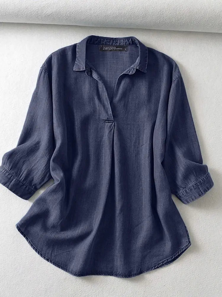 ZANZEA Women's Denim Blouse – Casual 3/4 Sleeve Tunic for Work