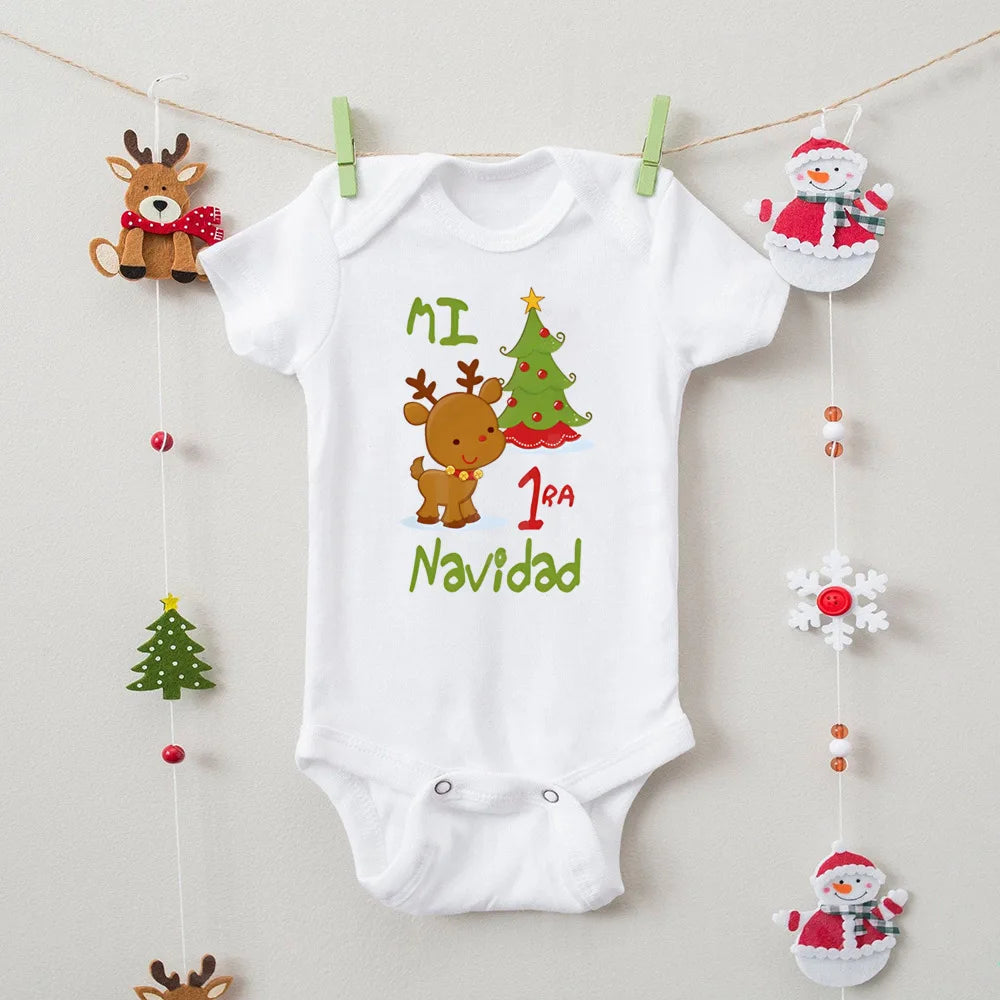 My First Christmas" Spanish Bodysuit: Newborn Short Sleeve Romper for Xmas Party