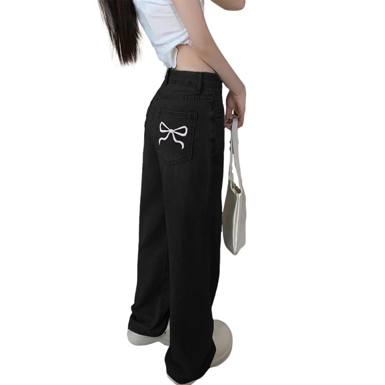 Tie-Bow Embroidery Jeans for Women – High-Waist, Baggy, Vintage Y2K Wide-Leg Denim.
